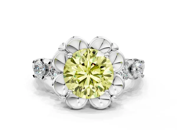 Fancy Yellow Round Cut Cut Diamond Floral Halo Engagement Ring with Shared Prong Setting Platinum