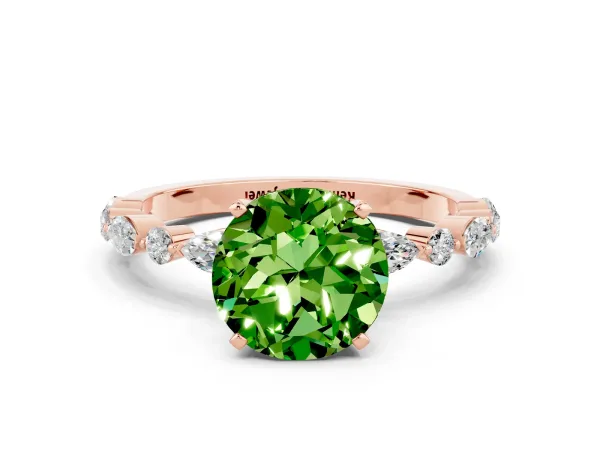 Round Cut Peridot Ring with Marquise and Round Side Stones and Four-Prong Setting Rose gold