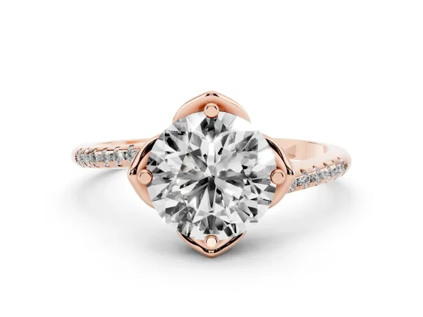 Round Cut Brilliant Solitaire with Pavé Band and Four-Prong Cushion Setting Rose gold