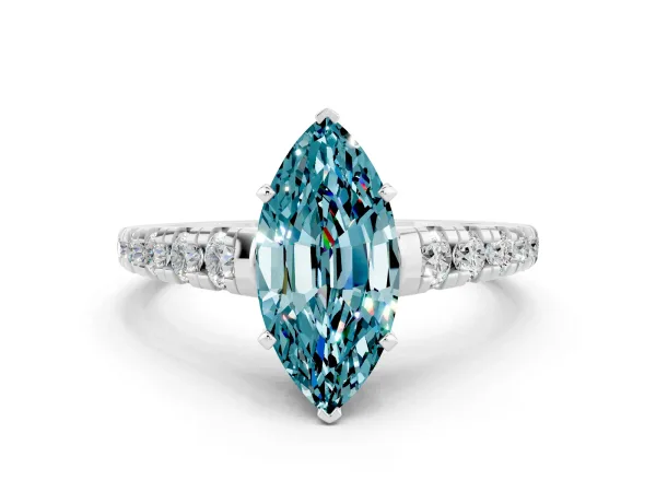 Marquise Cut Blue Topaz Cathedral Solitaire Ring with Round Pavé Band White gold