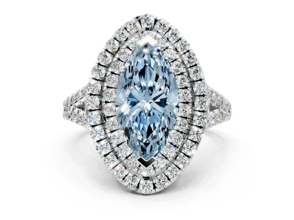 Fancy Blue Double Halo Marquise Cut Diamond Pavé Split Shank Ring with Prong Setting Silver