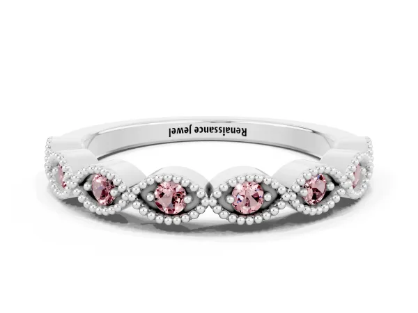 Milgrain Marquise Morganite Half Eternity Band with Bezel Setting Platinum