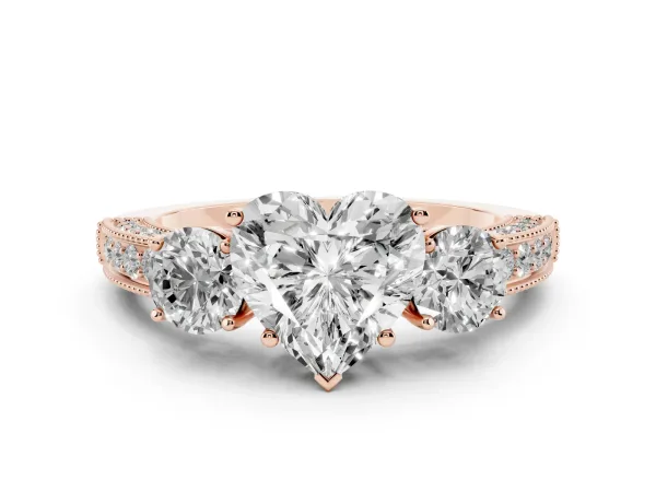 Heart Cut Three-Stone Diamond Ring with Pavé Band and Four-Prong Setting Rose gold