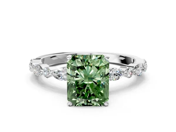 Fancy Green Radiant Cut Diamond Ring with Marquise and Round Side Stones and Four-Prong Setting Platinum