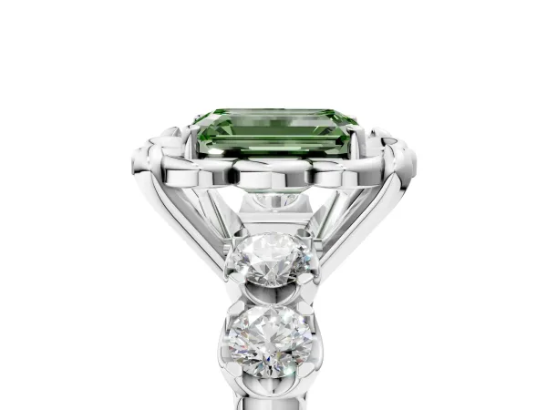 Fancy Green Emerald Cut Cut Diamond Floral Halo Engagement Ring with Shared Prong Setting Silver