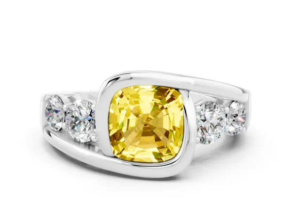 Bezel Set Cushion Cut Yellow Sapphire Bypass Ring with Round Accents Platinum