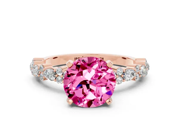 Round Cut Pink Sapphire Side Stone Solitaire Ring with Round and Four-Prong Setting Rose gold