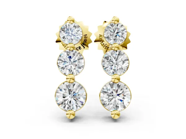 Three-Stone Round Diamond Drop Earrings with Prong Setting on White Gold Yellow gold