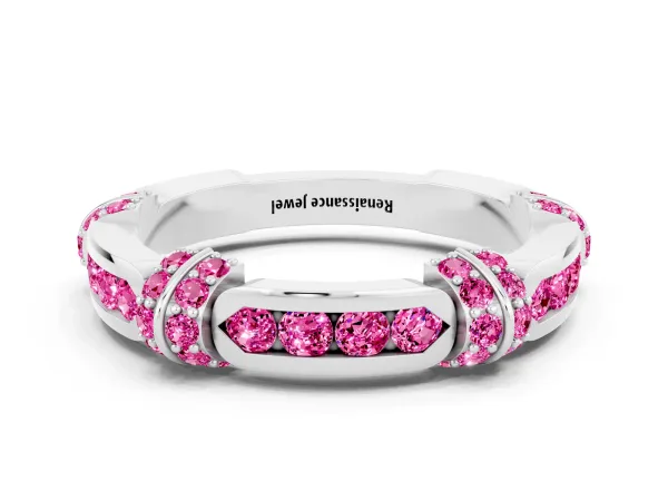 Pavé Round Pink Sapphire Link Band with Bezel Setting Platinum