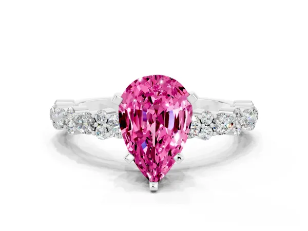 Pear Cut Pink Sapphire Side Stone Solitaire Ring with Round and Four-Prong Setting White gold