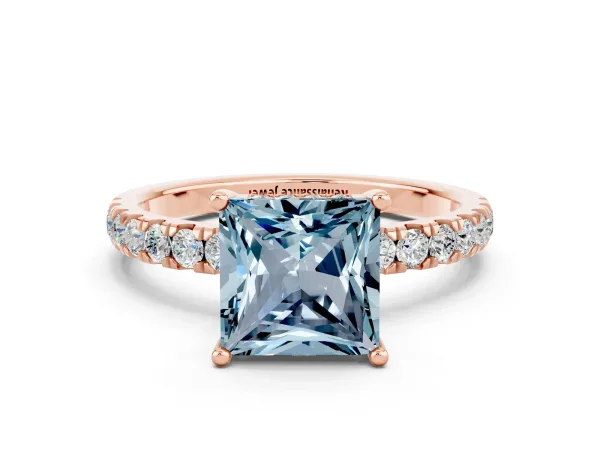 Princess Cut Aquamarine Pave Band Solitaire Ring with Round and Prong Setting Rose gold