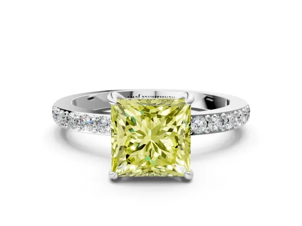 Fancy Yellow Princess Cut Diamond Solitaire Engagement Ring with Pavé Band and Four-Prong Setting Platinum