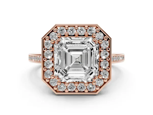Asscher Cut Diamond Halo Ring with Split Shank and Four-Prong Setting Rose gold