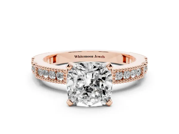 Cushion Cut Solitaire with Pavé Band and Four-Prong Setting Rose gold