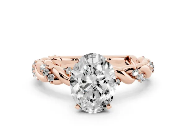 Oval Cut Diamond Solitaire Ring with Twisted Band and Pavé Accents Rose gold