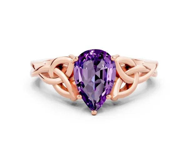 Pear Cut Amethyst Solitaire Celtic Knot Ring with Four-Prong Setting Rose gold