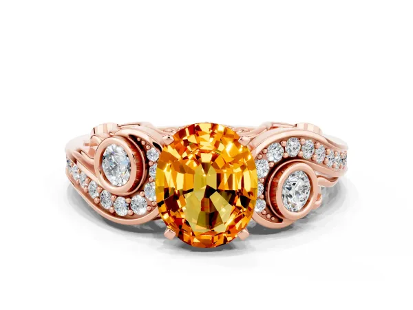 Oval Cut Citrine Solitaire Ring with Milgrain Pavé Band and Four-Prong Setting Rose gold