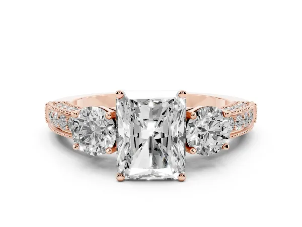 Radiant Cut Three-Stone Diamond Ring with Pavé Band and Four-Prong Setting Rose gold