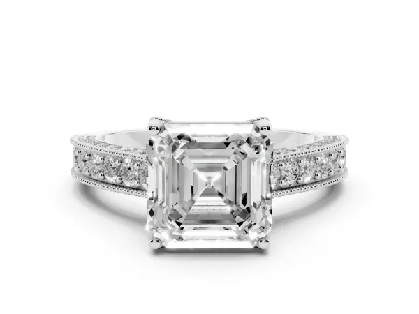 Asscher Cut Cut Diamond Solitaire Ring with Milgrain Pave Band and Four Prong Setting White gold