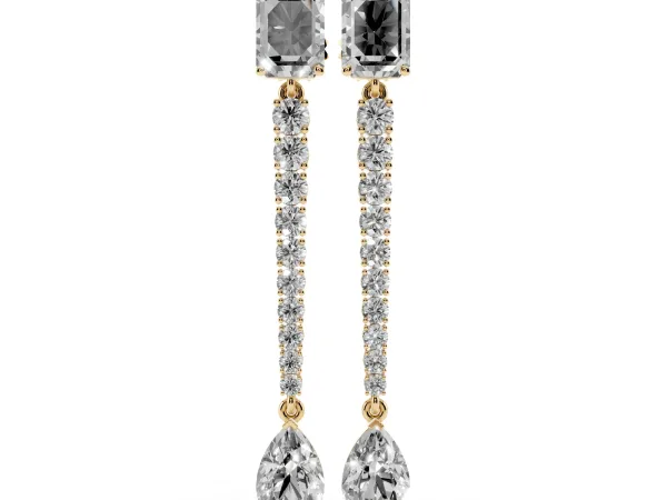 Emerald and Pear Diamond Linear Earrings with Round Lab Grown Diamond Accents Yellow gold