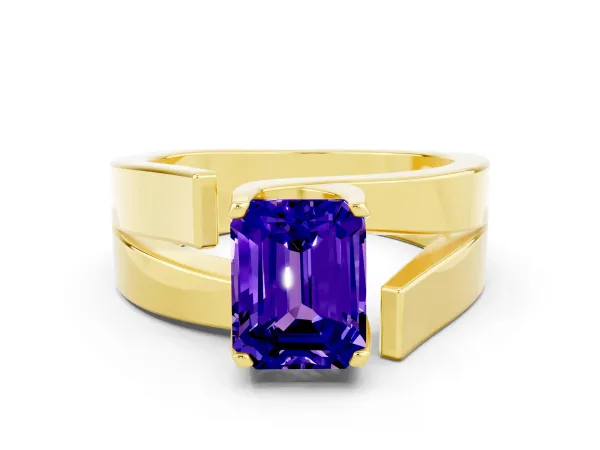 Modern Tension Set Emerald Cut Tanzanite Solitaire Wide Band Ring Yellow gold