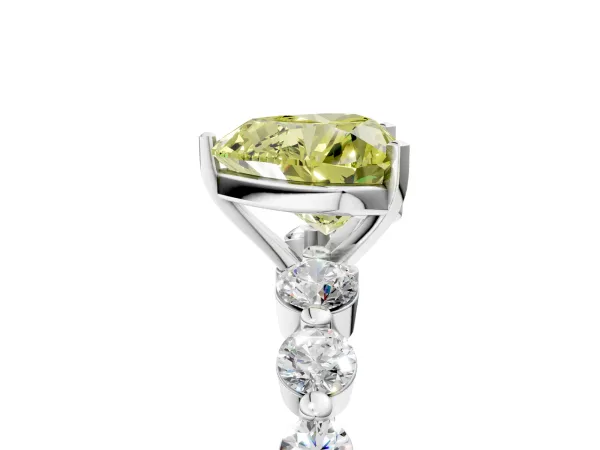 Fancy Yellow Heart Cut Solitaire Diamond Ring with Pave Band and Four-Prong Setting White gold