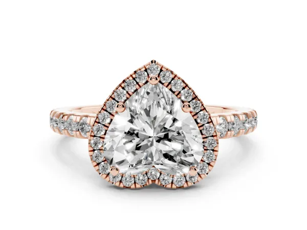 Heart Cut Diamond Halo Ring with Pavé Band and Four-Prong Setting Rose gold