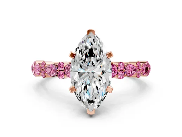 Marquise Cut Diamond Side Stone Solitaire Ring with Round Pink Sapphire and Four-Prong Setting Rose gold