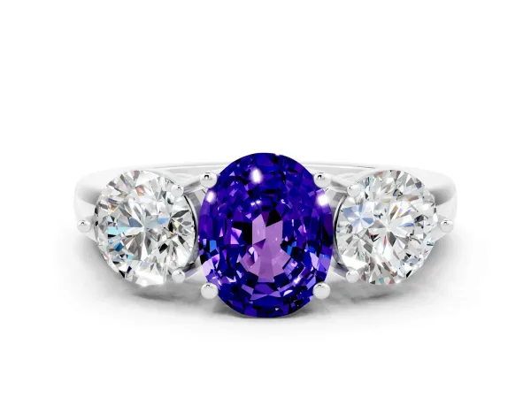 Oval Cut Tanzanite Three-Stone Ring with Prong Setting and Classic Band White gold