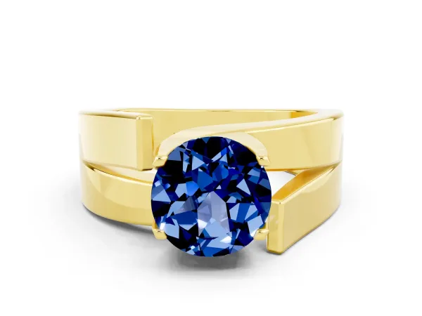 Modern Tension Set Round Cut Blue Sapphire Solitaire Wide Band Ring Yellow gold
