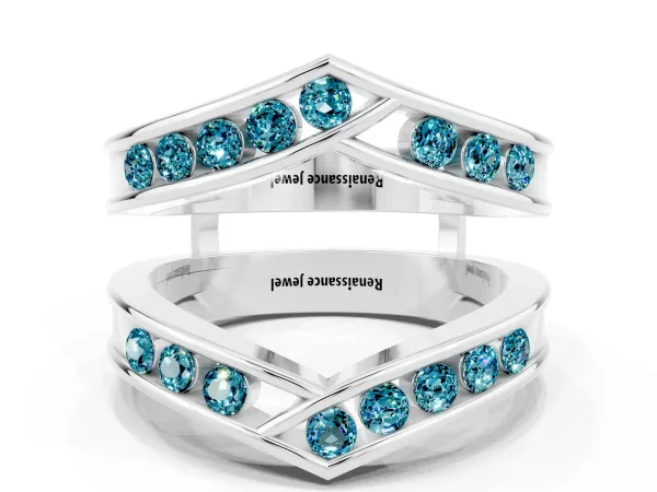 Round Blue Topaz Channel-Set Chevron Band Platinum