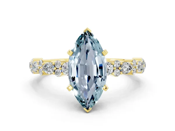 Marquise Cut Aquamarine Side Stone Solitaire Ring with Round and Four-Prong Setting Yellow gold