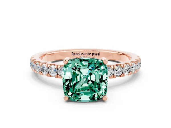Cushion Cut Green Sapphire Pave Band Solitaire Ring with Round and Prong Setting Rose gold