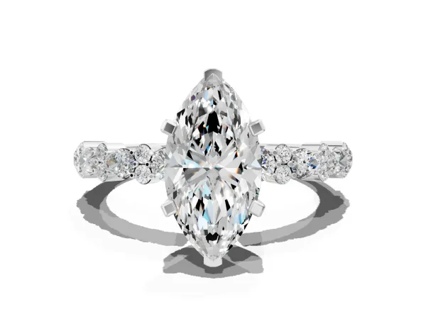 Marquise Cut Diamond Side Stone Solitaire Ring with Round and Four-Prong Setting White gold