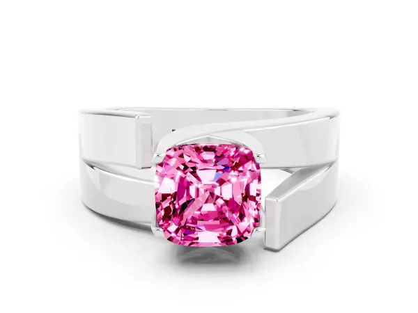 Modern Tension Set Cushion Cut Pink Sapphire Solitaire Wide Band Ring Platinum