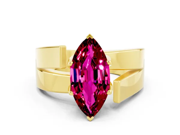 Modern Tension Set Marquise Cut Garnet Solitaire Wide Band Ring Yellow gold