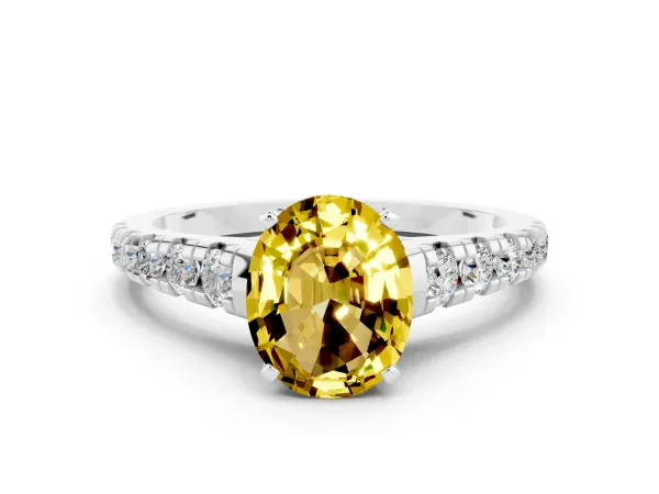Oval Cut Yellow Sapphire Cathedral Solitaire Ring with Round Pavé Band White gold