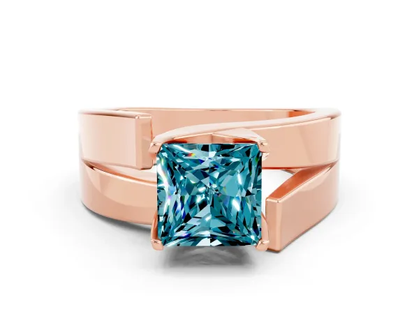 Modern Tension Set Princess Cut Blue Topaz Solitaire Wide Band Ring Rose gold