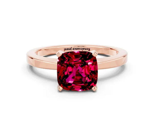 Cushion Cut Garnet Solitaire Engagement Ring with Classic Band and Four-Prong Setting Rose gold