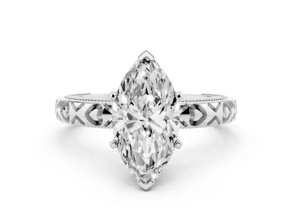 Marquise Cut Solitaire Diamond Engagement Ring with XO Engraved Band and Four-Prong Setting Platinum