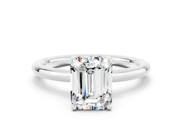 Emerald Cut Moissanite Solitaire Ring with Thin Band and Four-Prong Setting White gold