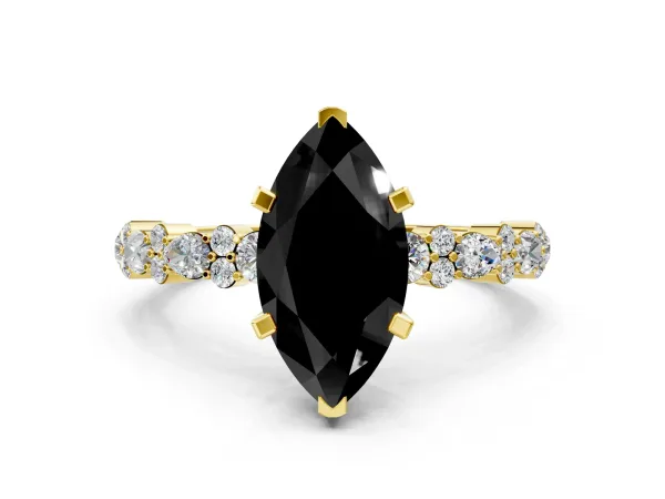 Fancy Black Marquise Cut Diamond Side Stone Solitaire Ring with Round and Four-Prong Setting Yellow gold