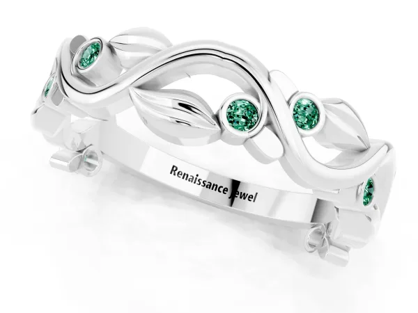 Round Green Sapphire Leaf Eternity Band with Bezel Setting White gold