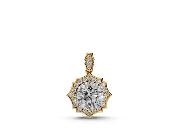 Round Diamond Halo Pendant with Milgrain Prong Setting Yellow gold