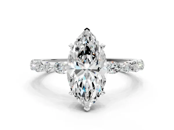 Marquise Cut Diamond Ring with Marquise and Round Moissanite Side Stones and Four-Prong Setting White gold