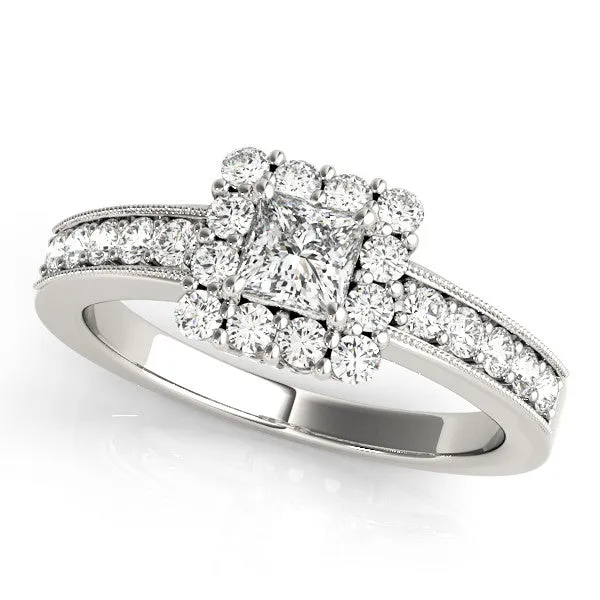 Asscher Cut Cut Halo Diamond Pavé Engagement Ring with Milgrain Detailing Platinum