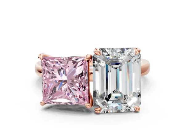 Fancy Pink Princess Cut and Emerald Cut Toi Moi Ring with Prong Setting Rose gold