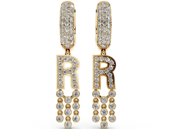 Round Diamond Initial R Huggie Hoop Earrings Yellow gold