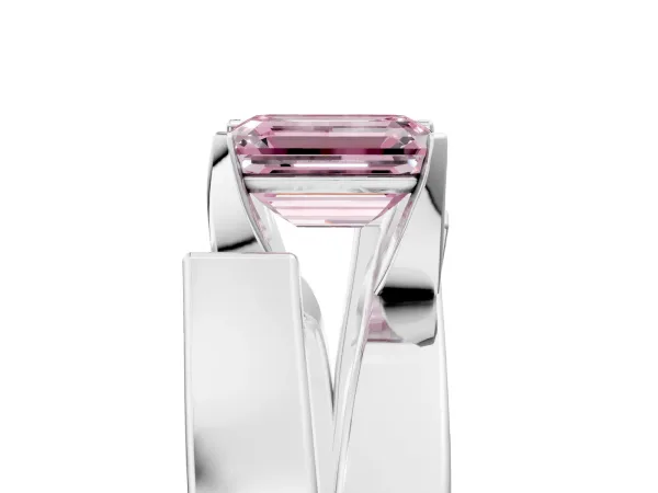 Fancy Pink Modern Tension Set Emerald Cut Diamond Solitaire Wide Band Ring Silver