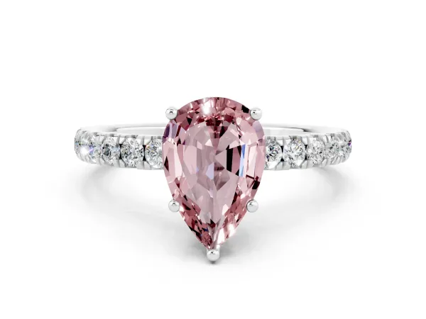 Pear Cut Morganite Pave Band Solitaire Ring with Round and Prong Setting White gold